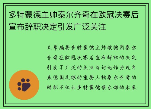 多特蒙德主帅泰尔齐奇在欧冠决赛后宣布辞职决定引发广泛关注